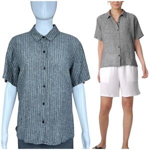 Eileen Fisher Puckered Organic Linen Short Sleeve Shirt Medium Striped Lagenlook